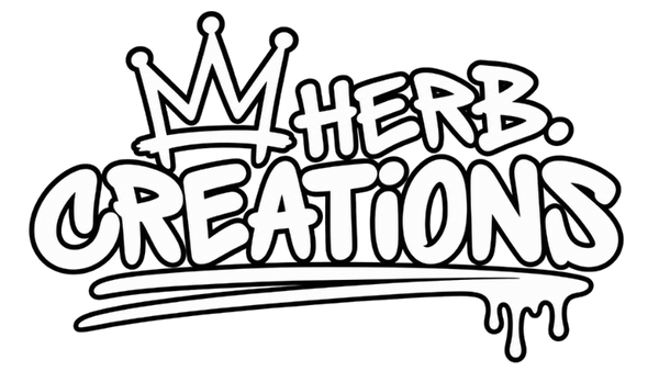 Black and white graffiti-style logo reading 'HERB CREATIONS' with a crown above, on a plain white background.
